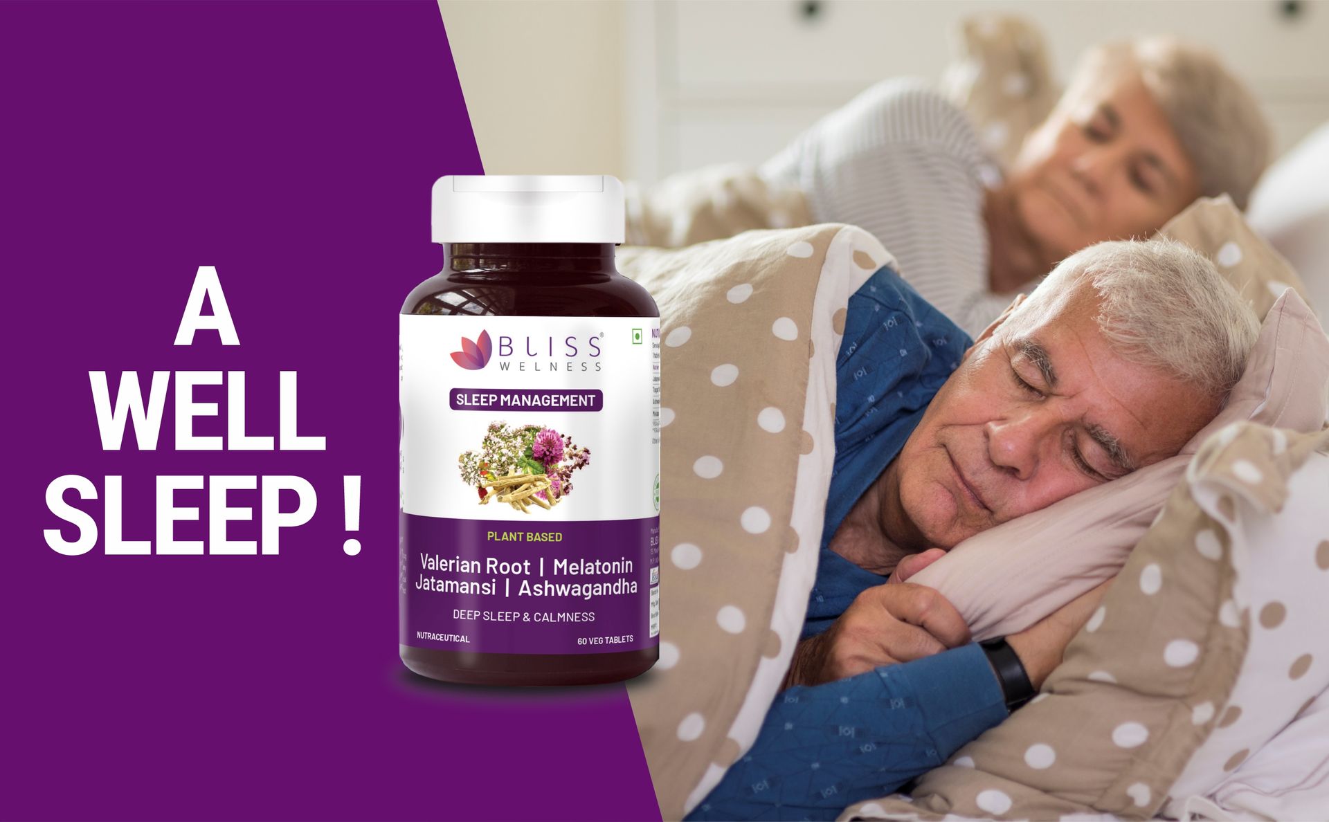 Bliss Welness Sleep Management Valerian Root Melatonin 5 mg Jatamansi Ashwagandha | For Good Sleep Cycle | Stress & Anxiety Relief Health Supplement - 60 Veg Tablets