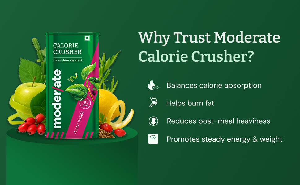 Moderate Calorie Crusher - Plant Based Calorie Blocker with Mulberry Leaf & Apple Peel| Supports Weight Management| Helps Reduce Post-Meal Carb & Sugar Impact| 30 tablets (Pack of 1)