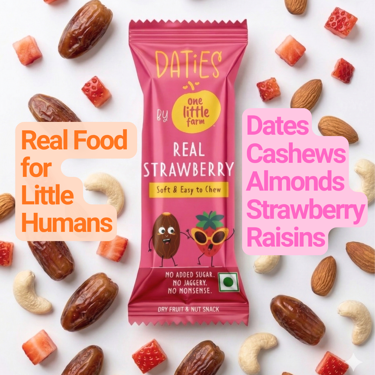 Daties by One Little Farm - Real Cocoa Date Bites | Made with Dates, Cashew & Almond | Clean-Label Healthy Kids Snack | Soft and Easy to Chew | No Added Sugar or Jaggery | 20g Each (Pack of 8)