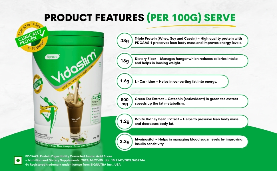 Vidaslim Caffe Latte 400g - Protein Powder For Men & Women Weight Control & Management | Clinically Proven Meal Replacement Protein Health Shake | No Added Sugars | 22.8g Protein Per Serve | Green Tea & White Kidney Bean Extracts