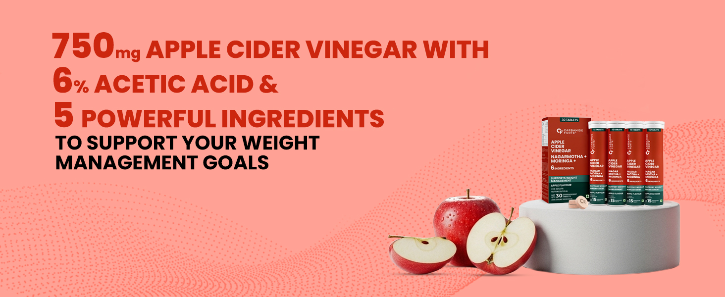 Carbamide Forte ACV Apple Cider Vinegar Tablets | ACV Moringa for Weight Loss with Cinnamon and Moringa Powder | No Maltodextrin & No Added Sugar | 15 ACV Effervescent Tablets (Pack of 4)