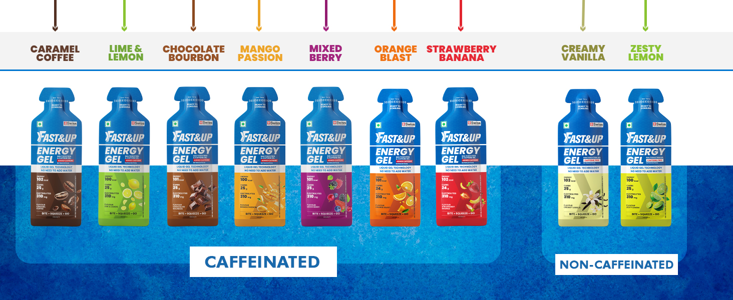 Fast&Up Energy Gel - Mixed Berry Flavour (Caffeinated) - Pack of 6 Gel Sachets, 39g per Sachet - for Instant Energy Boost, Improved Endurance and Performance