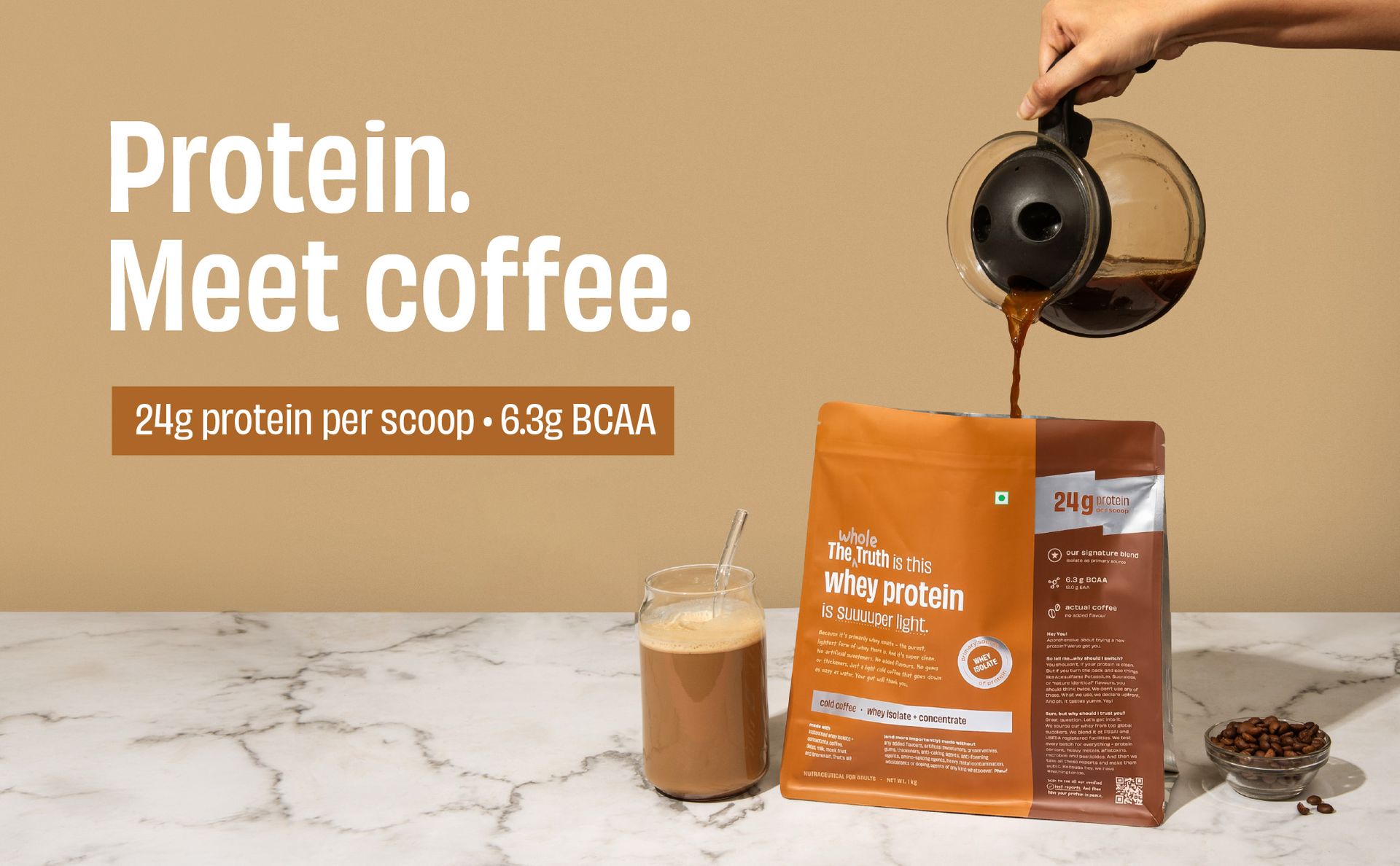 The Whole Truth Whey Protein Isolate+Concentrate | Cold Coffee 1 kg (2.2 lbs) | 24g Protein per scoop | 6.4g BCAA | No Adulteration | Clean, Light & Easy to Digest | Vegetarian