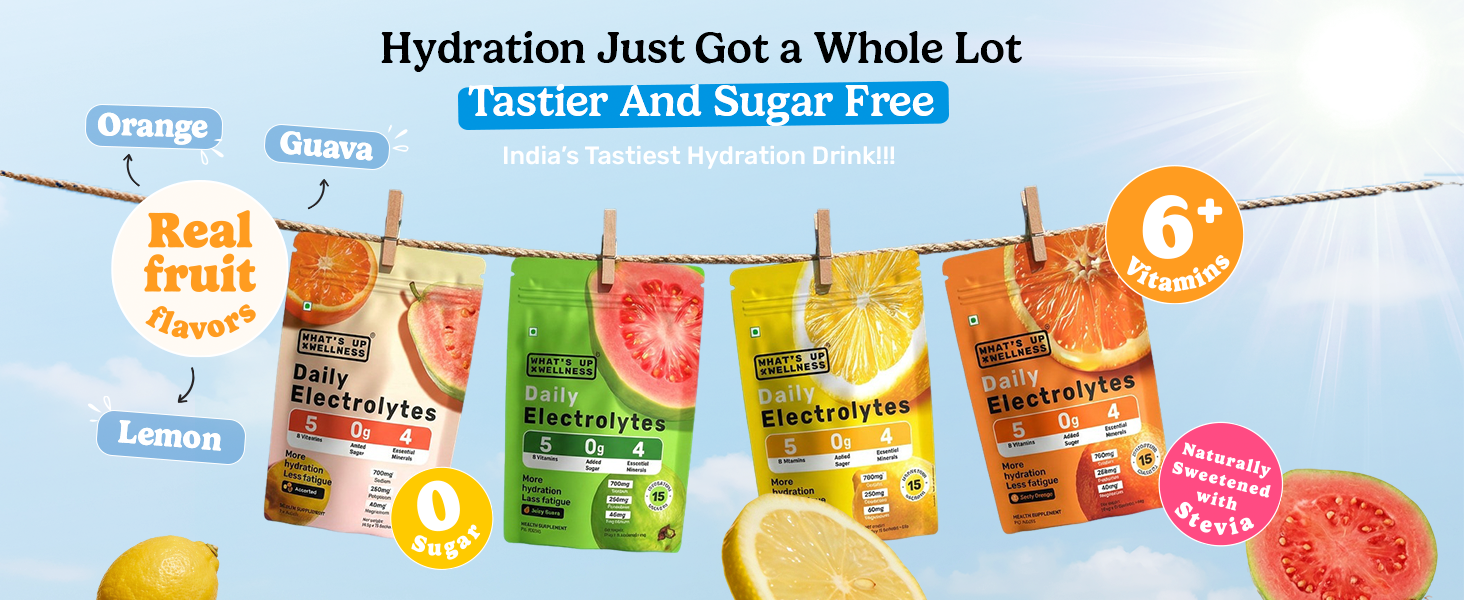 What's Up Wellness Daily Electrolytes Powder - Assorted Flavour Pack | Zero Added Sugar | Instant Hydration - Sodium, Potassium, Magnesium & Zinc | Vegan - 15 Sachets