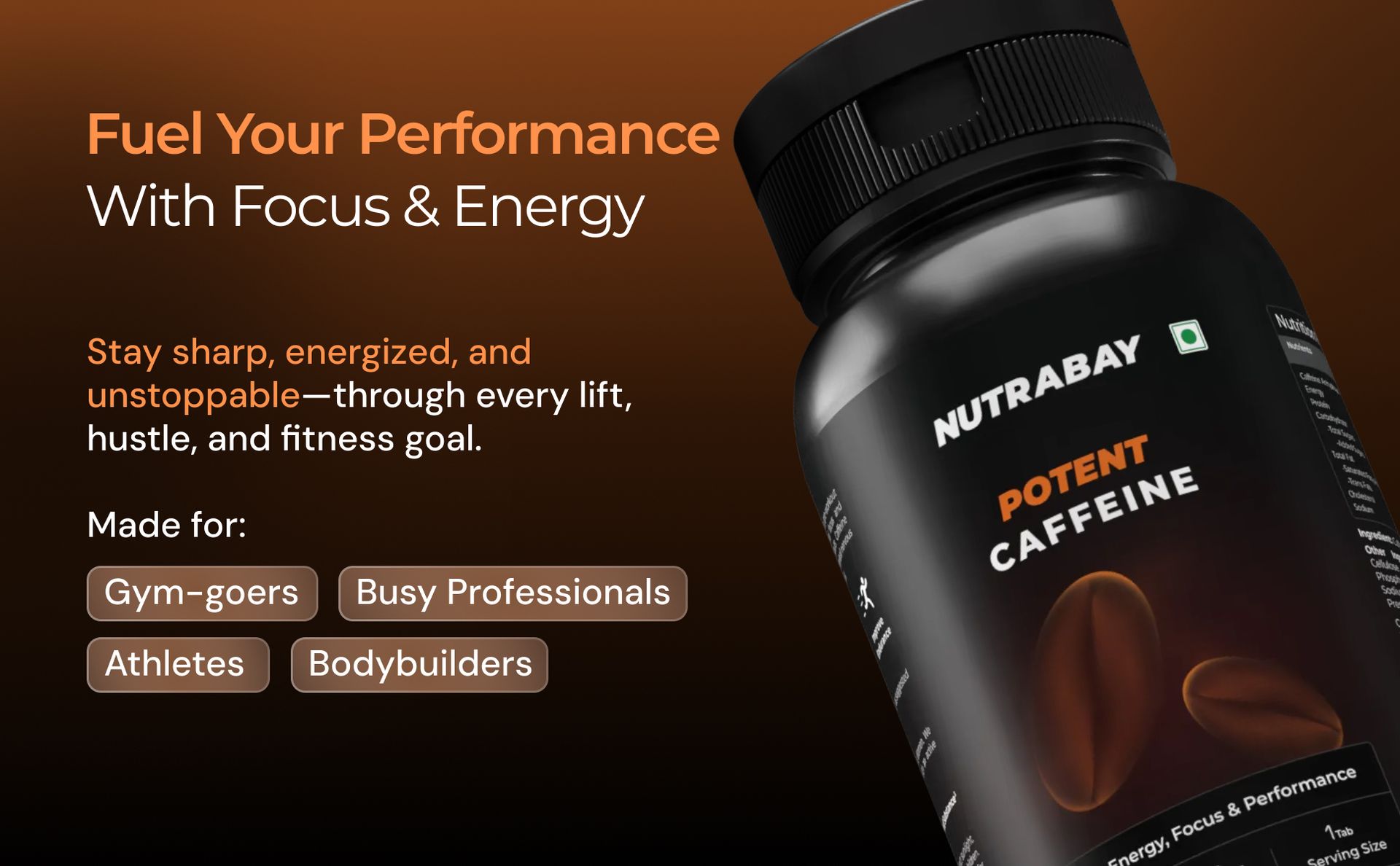 Nutrabay Pro Potent Caffeine Tablets 200mg | Natural Stimulant for Energy, Endurance & Focus, 60 Veg Tablets