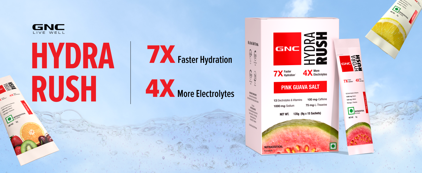 GNC HydraRush | Advanced Hypotonic Hydration Formula | 13 Electrolytes, Vitamins + Himalayan Pink Salt | 0g Sugar Electrolyte Drink for Workout, Running & Summer Hydration | Guava Salt, 15 sachets