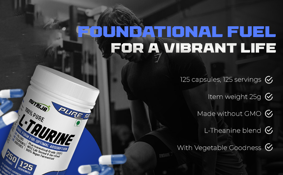 NutriJa Taurine Powder - 100% Pure Free Form Taurine - No Additives, No Fillers - Supports Heart, Nerve & Muscle Recovery 250 Grams Pack