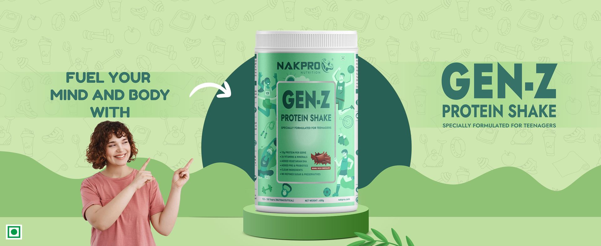NAKPRO GenZ Protein Powder for Teens (13+), 15g Protein, Double Rich Chocolate - 400g | Vitamins & Minerals, Supports Immunity, Strong Bones & Height