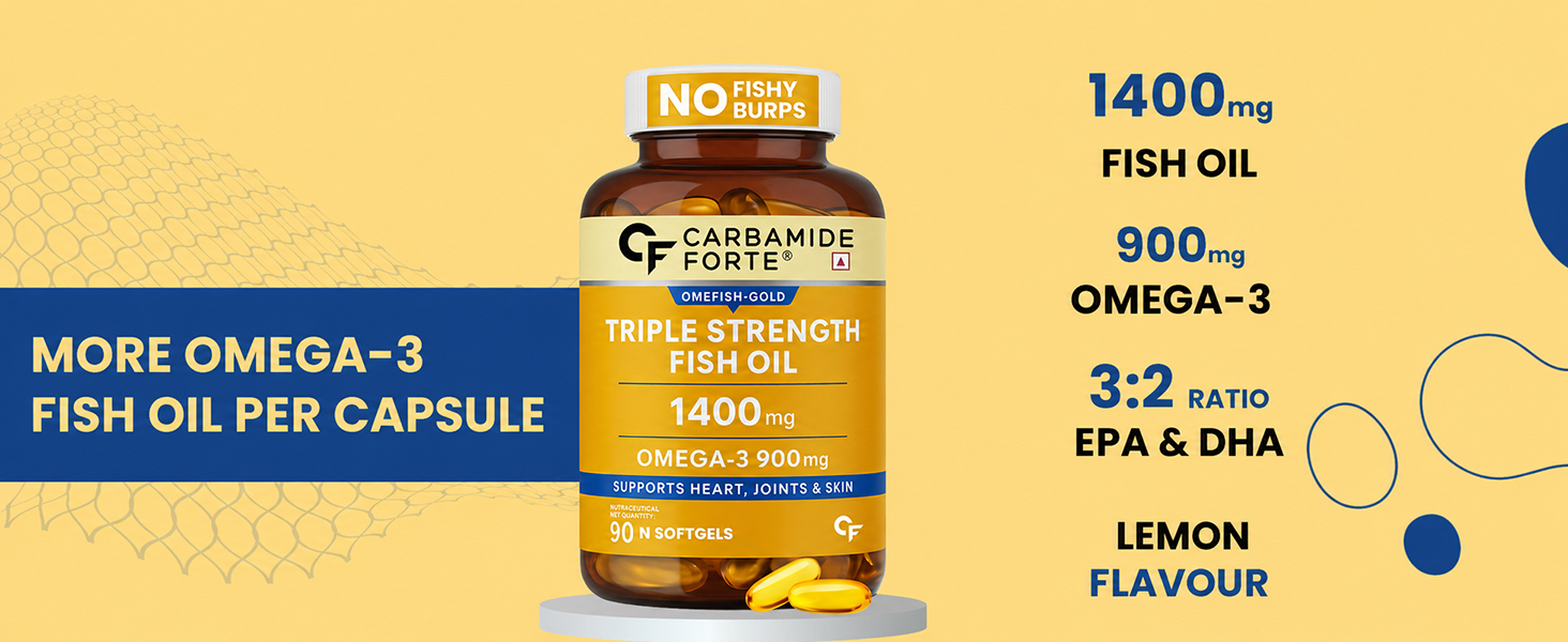 Carbamide Forte Triple Strength Omega 3 Fish Oil Capsules 1400mg | Omega 3 Supplement | Omega3 Fatty Acid Supplement To Support Heart, Joints & Skin - 1400mg | 90 Softgel Capsules