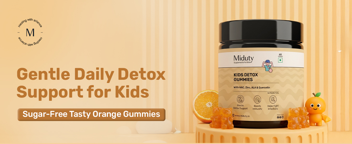 Miduty Kids Detox Gummies - NAC for Kids - Quercetin, ALA, Zinc, Selenium & Iodine - Gentle Detox, Immunity, Thyroid Health & Allergies Support - No Added Sugar - Natural Orange Flavor - 60 Gummies