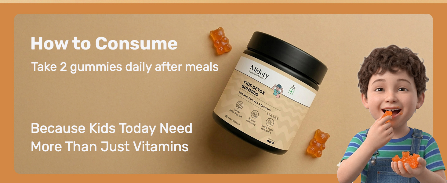 Miduty Kids Detox Gummies - NAC for Kids - Quercetin, ALA, Zinc, Selenium & Iodine - Gentle Detox, Immunity, Thyroid Health & Allergies Support - No Added Sugar - Natural Orange Flavor - 60 Gummies