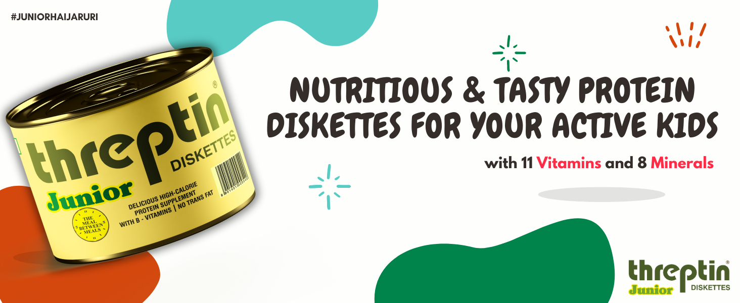 THREPTIN Junior-Protein Diskettes| Healthy Snacks For Kids - 250 Gram, Casein Protein Diskette With Calcium, Essential Vitamins, Minerals, Shankhpushpi And Brahmi-(No Maida)- Kesar Pista|100% Veg