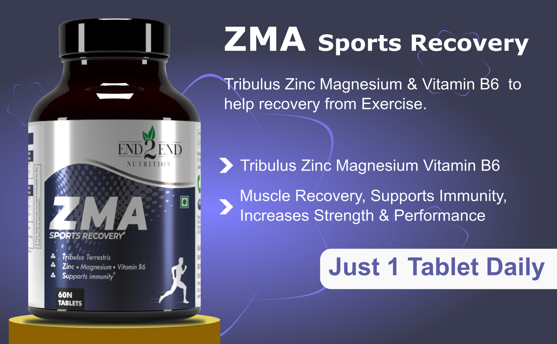 End2End Nutrition Zinc Magnesium Aspartate (ZMA) Supplement for Men & Women with Tribulus, Vitamin B6 and Piperine | High Absorption for Better Sleep, Muscle Cramps, Nerves Health & Sports Recovery - 60 Tablets