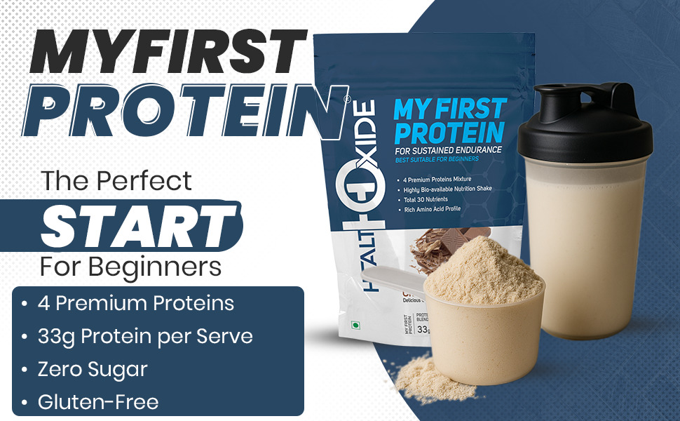 HealthOxide My First Protein for Beginners 1kg (Chocolate Flavour) | Daily Nutrition Protein Supplement | 9.9g Protein per 30g Scoop | Multi Source Protein Blend (Whey, Soy, Casein & Pea) | 26 Vitamins & Minerals | No Added Sugar | Gluten Free | Trustified Certified 100% Authentic Supplement Powder