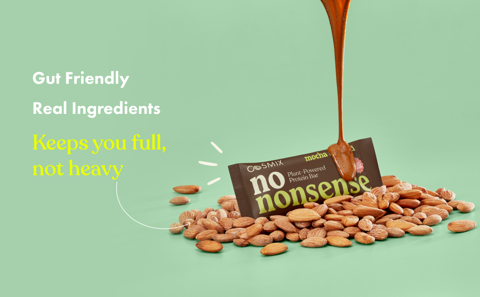 Cosmix No-Nonsense Protein Bar | Mocha Almond | 11g Complete Plant Protein + 6g Fibre | No Added Sugar or Preservatives | Gluten & Lactose-Free, Gut-Friendly | 45g Bar | Pack of 6