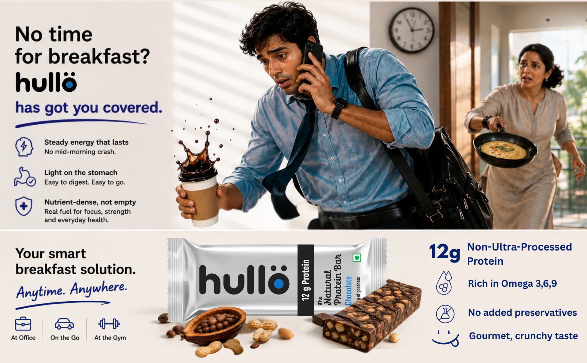 Hullo Natural Protein Bar Chocolate – 12g Protein (12 X 42g Pack) | Gluten Free, Dairy Free, Soy Free Protien Bar Rich in Omega 3, 6 & 9 with Nuts & Seeds | Healthy Protein Bar for Gym & Daily Energy