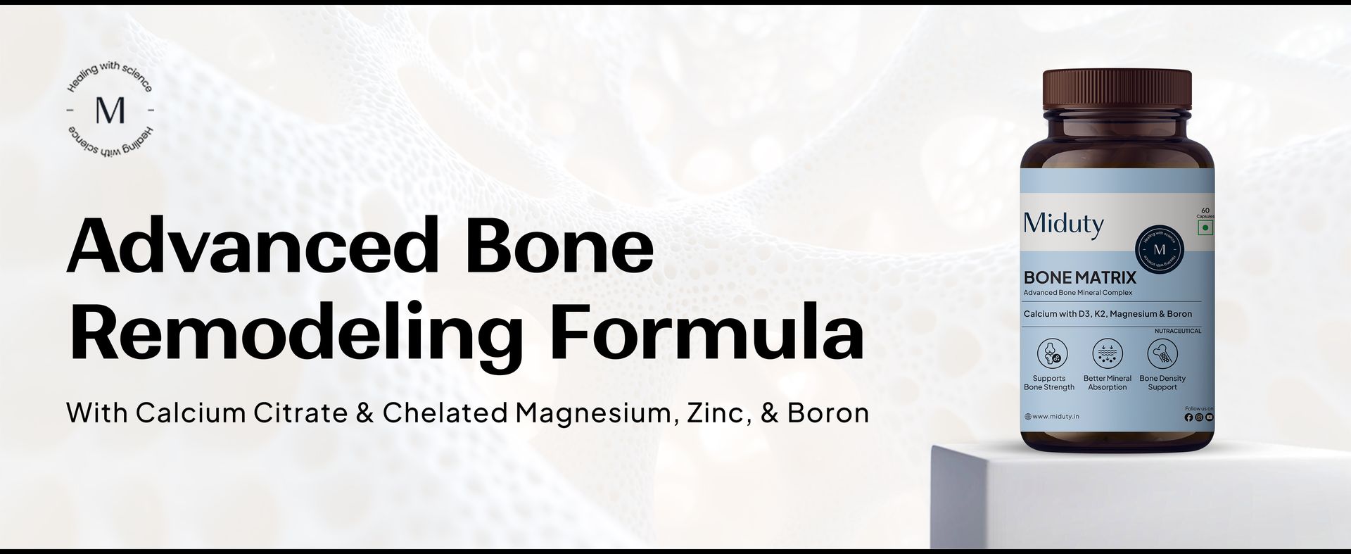 Miduty Bone Matrix – Advanced Calcium Citrate with Vitamin D3 & K2 – Chelated Magnesium, Zinc & Boron – 11-Nutrient Complete Bone Support Formula for Men & Women – 60 Veg Capsules