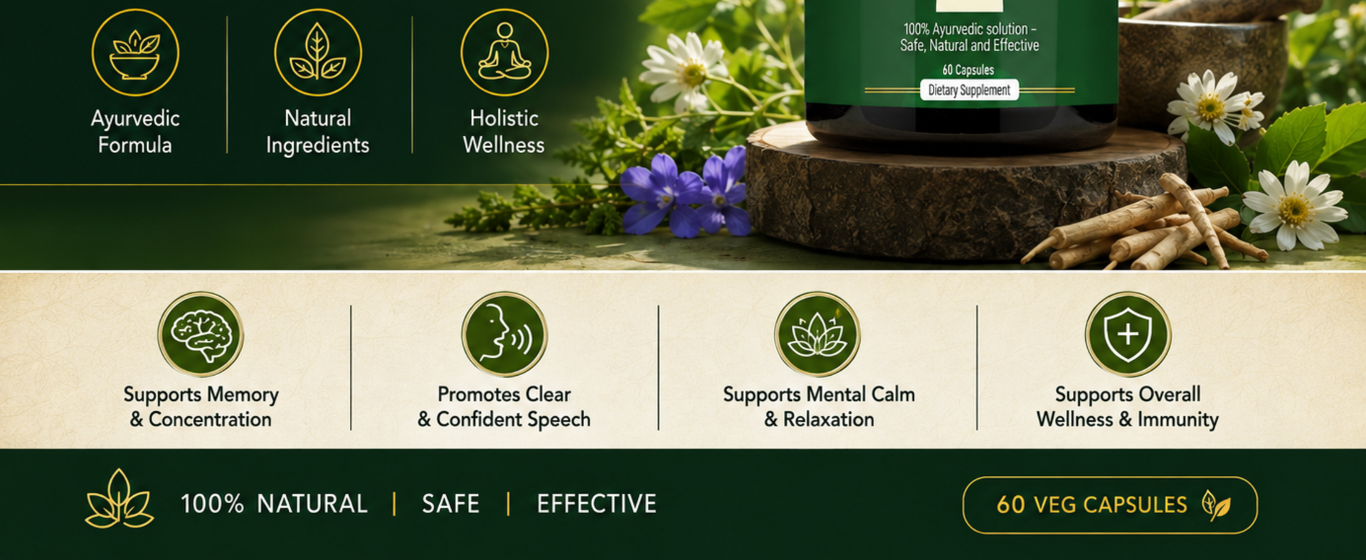 Vokin Biotech AyurVani Capsules | Ayurvedic Herbal Supplement with Brahmi, Shankhpushpi, Bhringraj & Shatavari | Botanical Formula for Cognitive Support & Overall Wellness | 60 Veg Capsules
