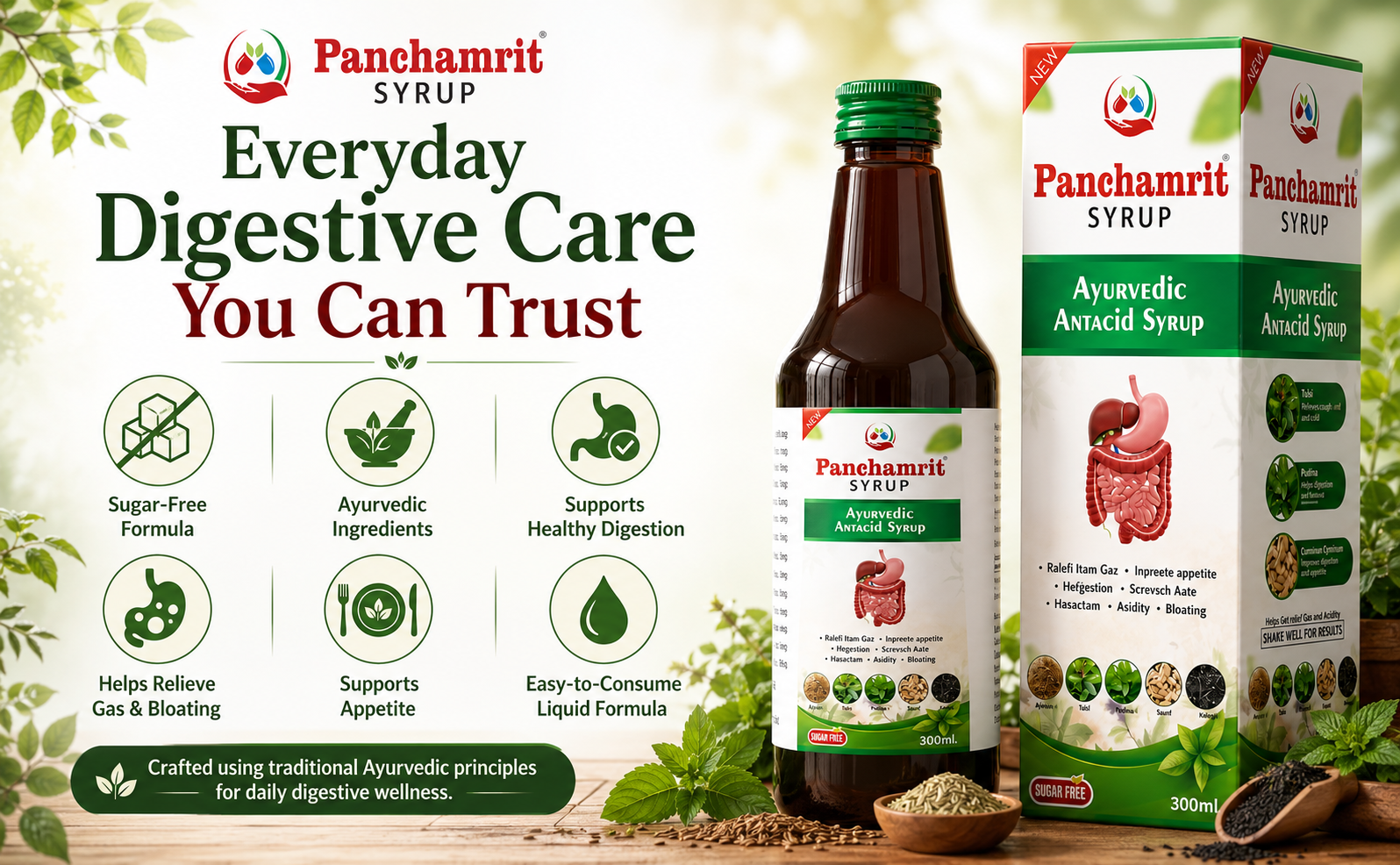Panchamrit Ayurvedic Antacid Syrup 300ml – Herbal Digestive Tonic for Acidity, Gas, Bloating & Indigestion Relief | Sugar-Free Natural Formula with Traditional Ingredients for Gut Health & Appetite Support | Ayurvedic Proprietary Medicine