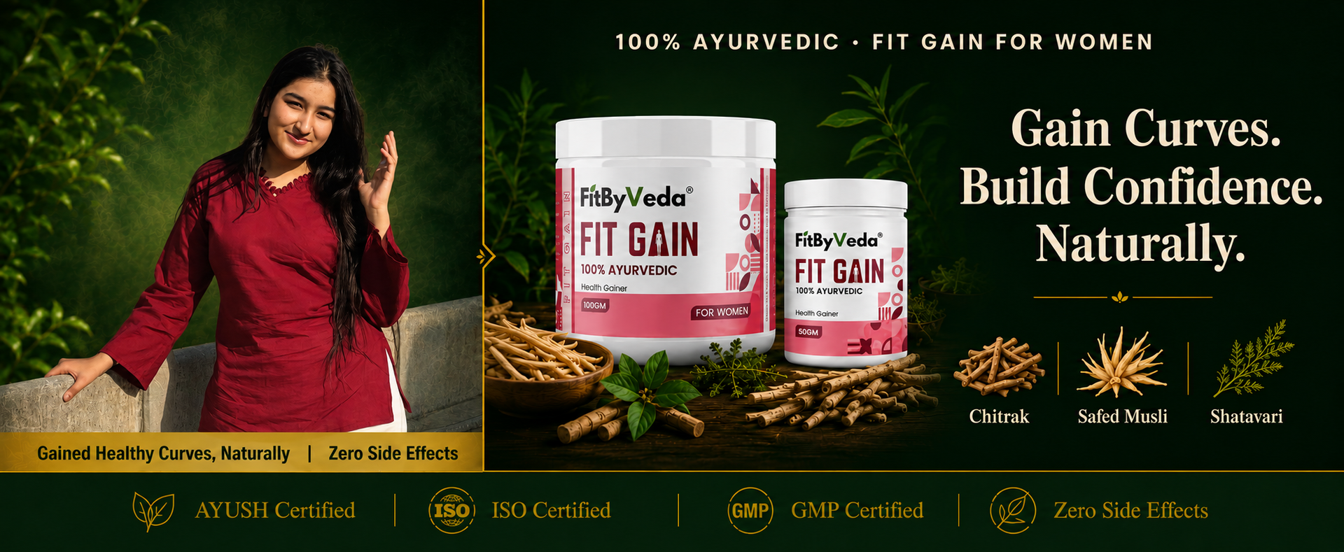 FitGain Ayurvedic Weight Gainer for Women | Vidarikand, Shatavari & Safed Musli | Healthy Weight Gain, Curves, Strength & Stamina | 100g