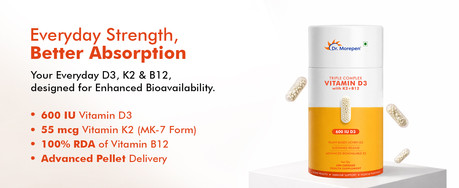 Dr. Morepen Triple Complex Vitamin D3 | 600 IU D3 + 55mcg K2 MK-7 + B12 | Supports Bone Strength, Calcium Absorption & Immunity | Plant-Based | 60 Capsules