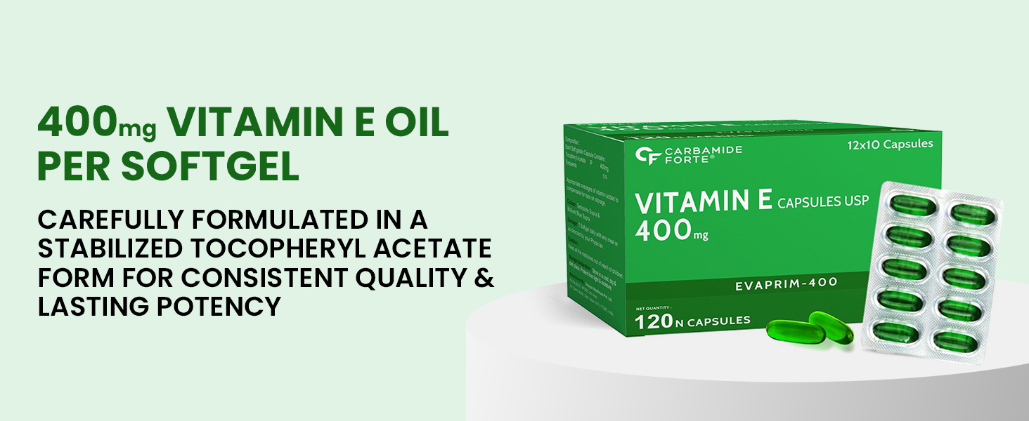 Carbamide Forte 400mg Vitamin E Capsules for Face and Hair | 100% Natural Vitamin E Supplement with Vitamin E Oil | Paraben Free - 120 Capsules