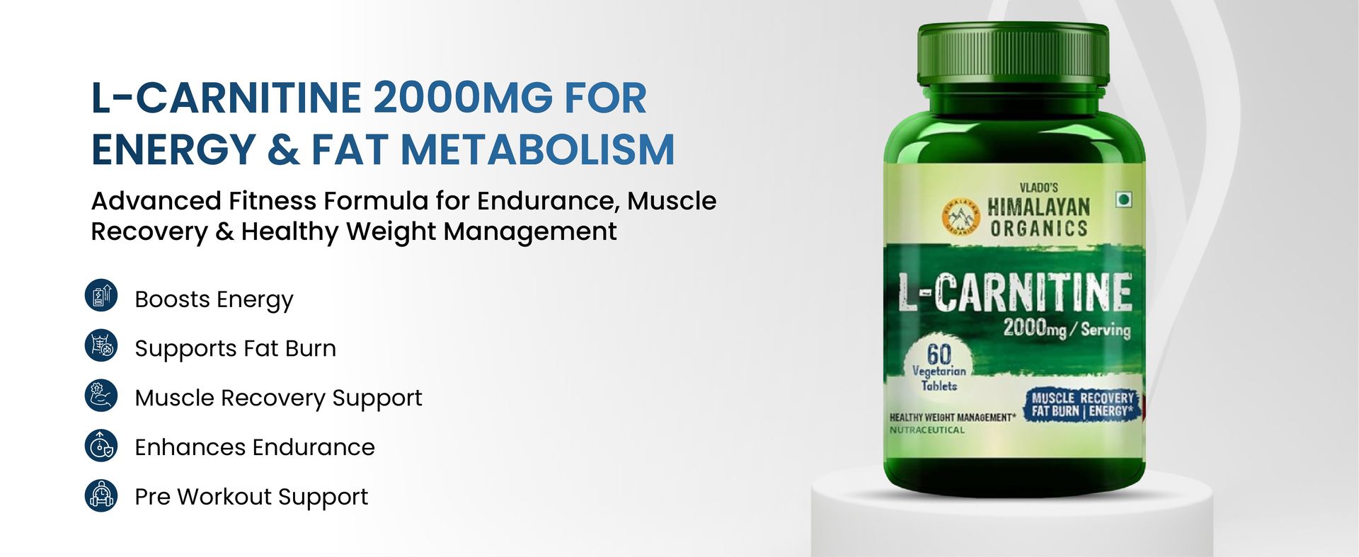 Vlado’s Himalayan Organic L-Carnitine 2000 Mg | Healthy Weight Management | Supports Muscle Recovery, Boost Energy, Endurance, And Fat Burn - 60 Vegetarian Tablets