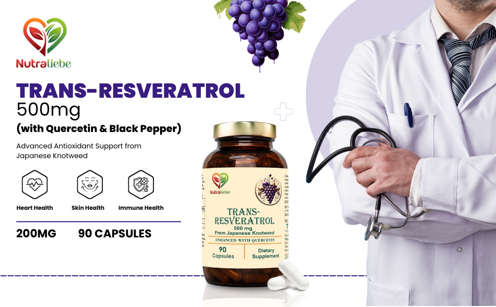 Trans-Resveratrol 500mg with Quercetin & Black Pepper - Advanced Antioxidant Support from Japanese Knotweed, 90 Capsules