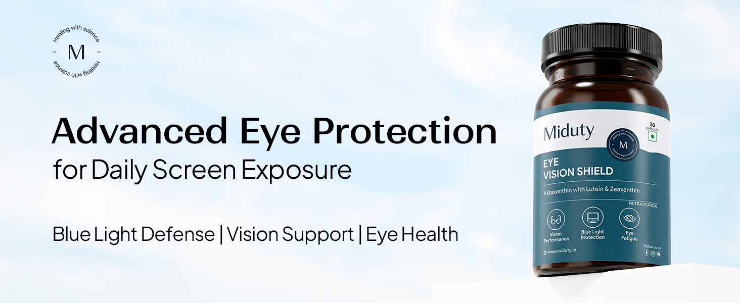 Miduty Eye Vision Shield Supplement for Dry Eyes | Bilberry Fruit Extracts 80mg, Vit A 300mcg, Lutein 20mg & Zeaxanthin, Astaxanthin, Lycopene- for Blurry Vision - 30 Capsules