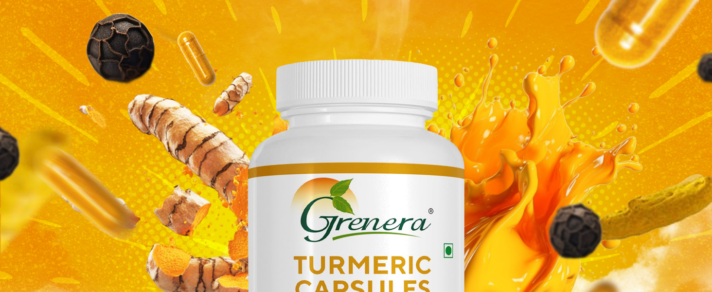 Grenera Turmeric Capsules (Haldi with Black Pepper) 120 Veg Capsules, Curcumin Supplement, 650 mg each