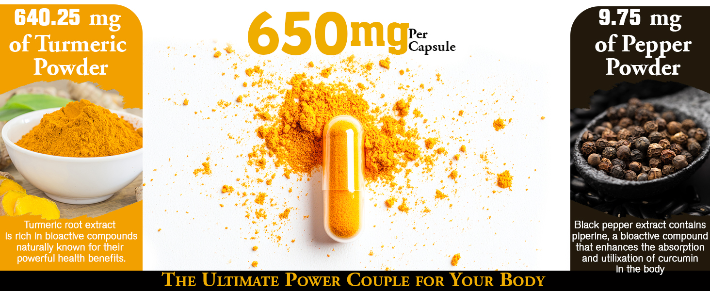 Grenera Turmeric Capsules (Haldi with Black Pepper) 120 Veg Capsules, Curcumin Supplement, 650 mg each