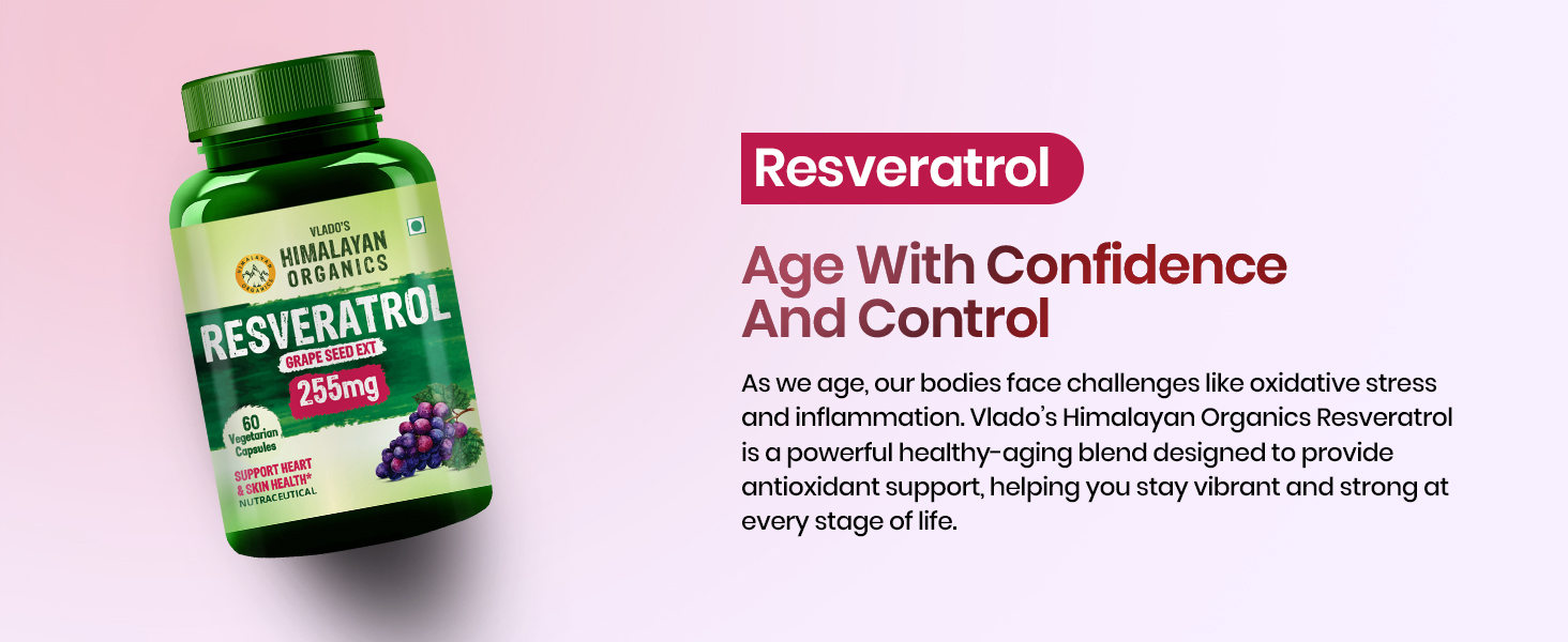 Vlado’s Himalayan Organics Resveratrol 255mg with Grape Seed Extract Supplement | Support Heart And Skin Health | Stop Aging | Powerful Anti-oxidant | Anti Aging Supplement for Youthful Skin I Pharma Grade Resveratrol Supplements for Max Absorption - 60 Veg Capsules