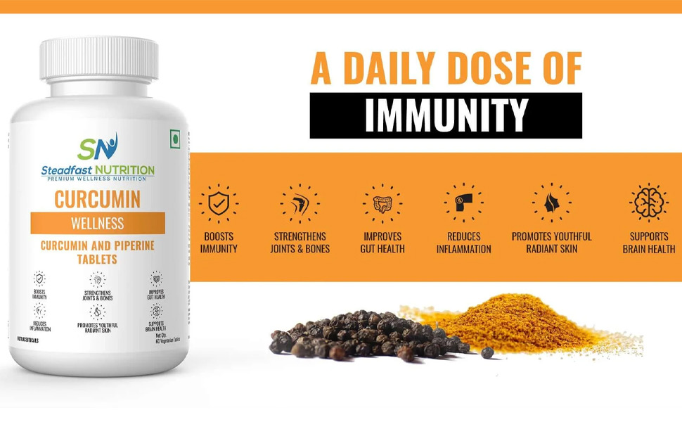 Steadfast Nutrition Curcumin Piperine Natural & Potent Supplements for Improved Wellbeing & Health Immunity (60 Tablets)