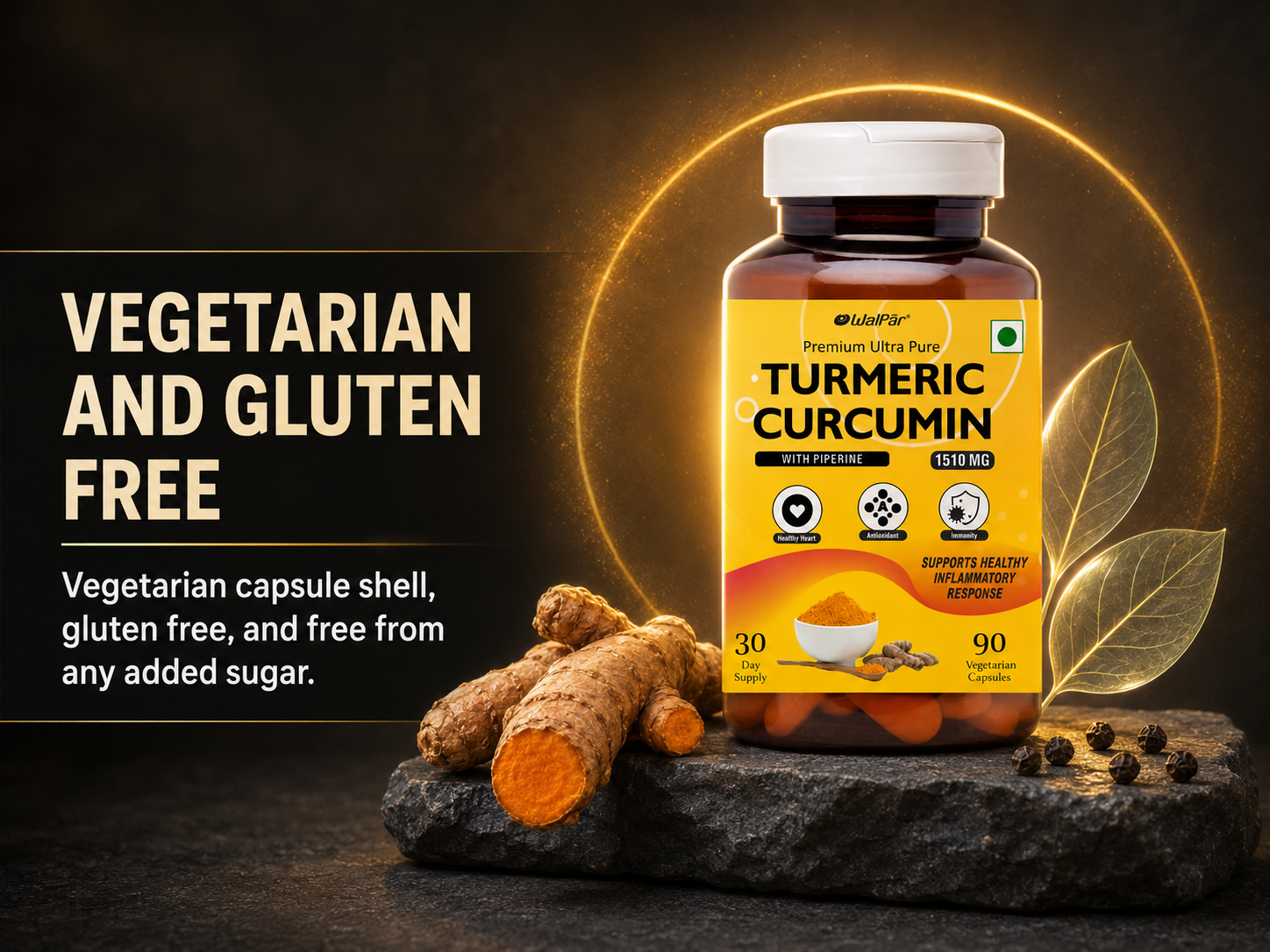WALPAR Organic Curcumin Turmeric with Piperine Bioperine - 1510mg 90 Capsules
