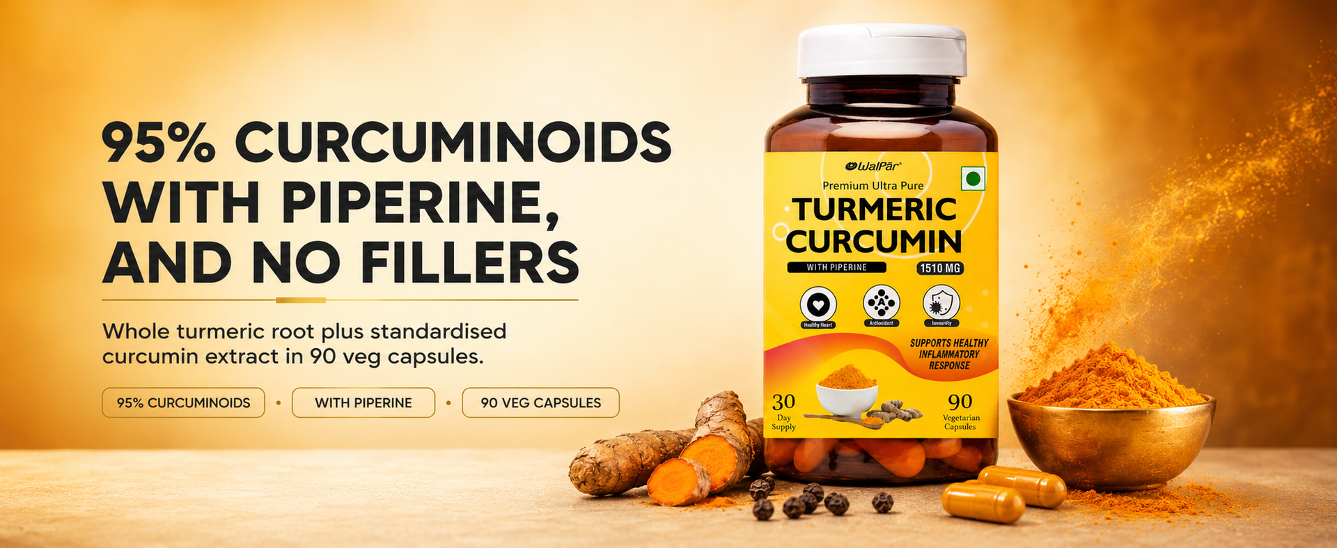 WALPAR Organic Curcumin Turmeric with Piperine Bioperine - 1510mg 90 Capsules