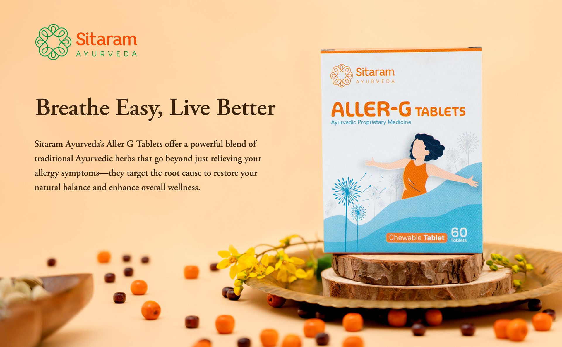 Sitaram Ayurveda Aller-G Tablet | Curcumin-Based Ayurvedic Supplement | Kids Chewable with Haridra, Guduchi & Yashtimadhu | Helps Immunity & Respiratory Health | 60 Nos