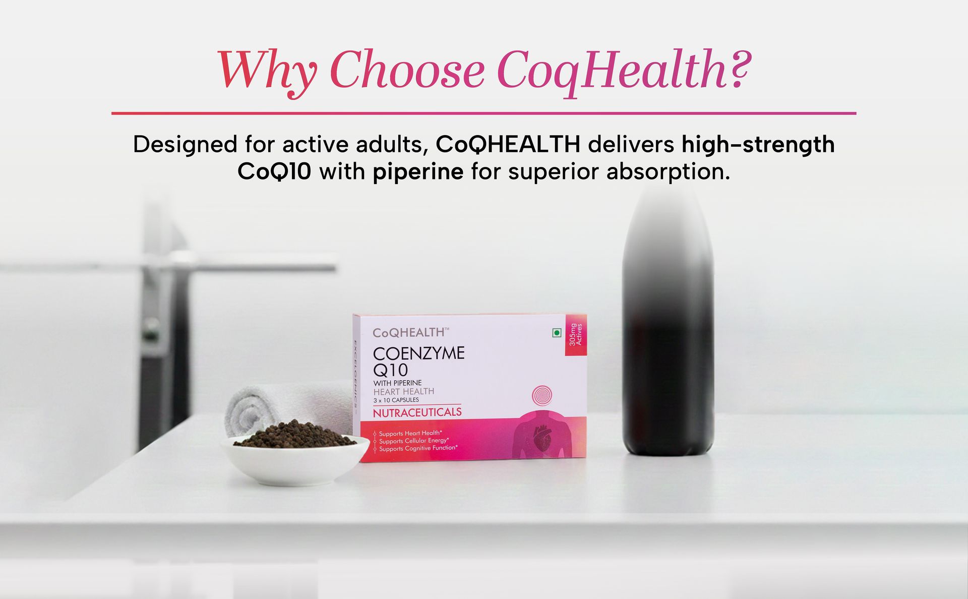 CoQHEALTH 300 mg | Coenzyme Q10 (Ubiquinone) + Piperine Supplement | Supports Cellular Energy, Heart Health & Cognitive Wellness | 30 Capsules | Vegetarian | Excelgenics