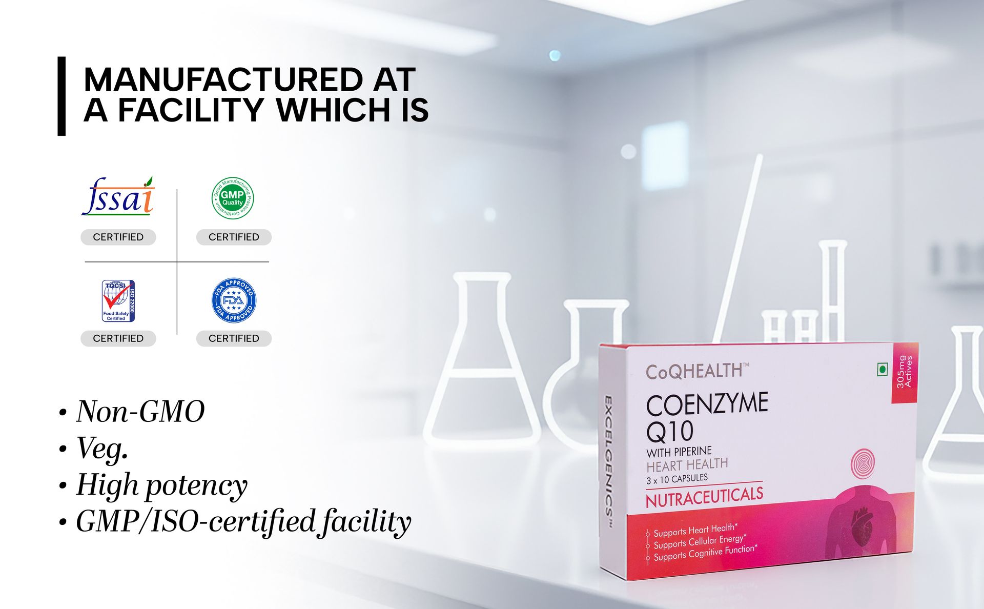 CoQHEALTH 300 mg | Coenzyme Q10 (Ubiquinone) + Piperine Supplement | Supports Cellular Energy, Heart Health & Cognitive Wellness | 30 Capsules | Vegetarian | Excelgenics