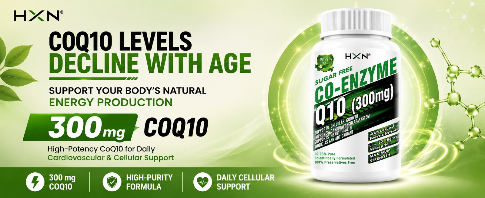 HXN Coq10 Supplement, Coenzyme Q10 (High Strength Ubiquinol 300mg) With Omega 3, Alpha Lipoic Acid To Boost Antioxidant, Cellular Energy, and Heart Health-120 Tablets