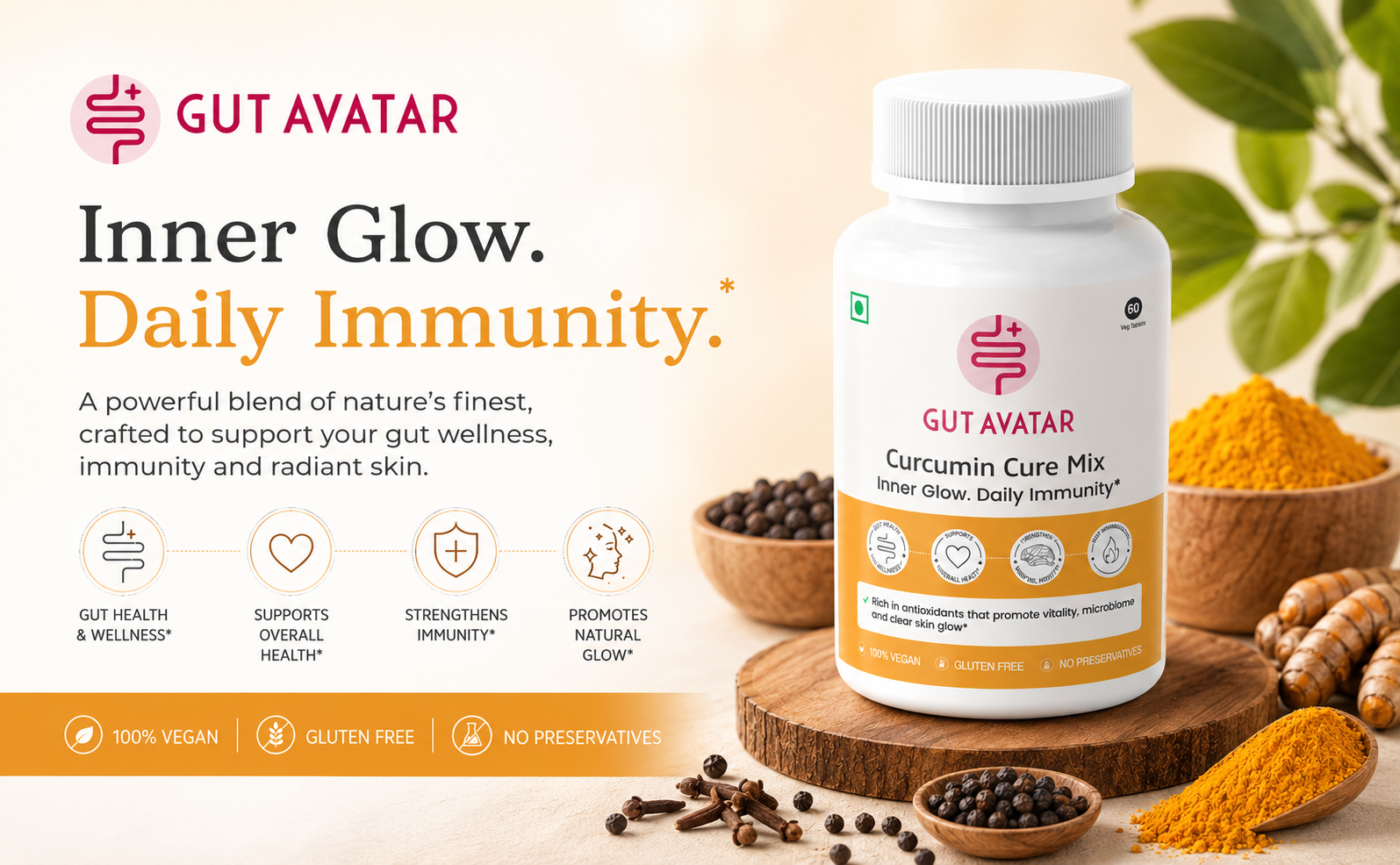 GUTAVATAR Gut Curcumin Cure Mix Healthy Gut Supplement Boost Immunity Powder Anti Inflammatory Strengthens Bones & Muscles Supplement Drink Mix Healthy Skin Drink (60 Powder Tablet Bottle)