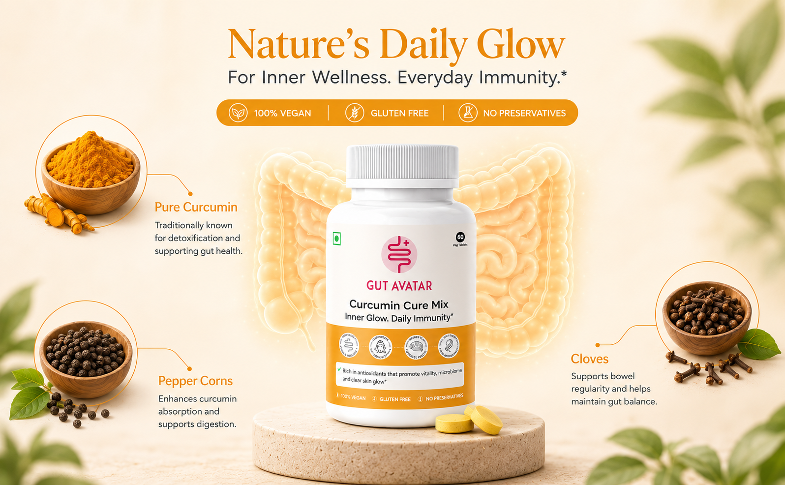 GUTAVATAR Gut Curcumin Cure Mix Healthy Gut Supplement Boost Immunity Powder Anti Inflammatory Strengthens Bones & Muscles Supplement Drink Mix Healthy Skin Drink (60 Powder Tablet Bottle)