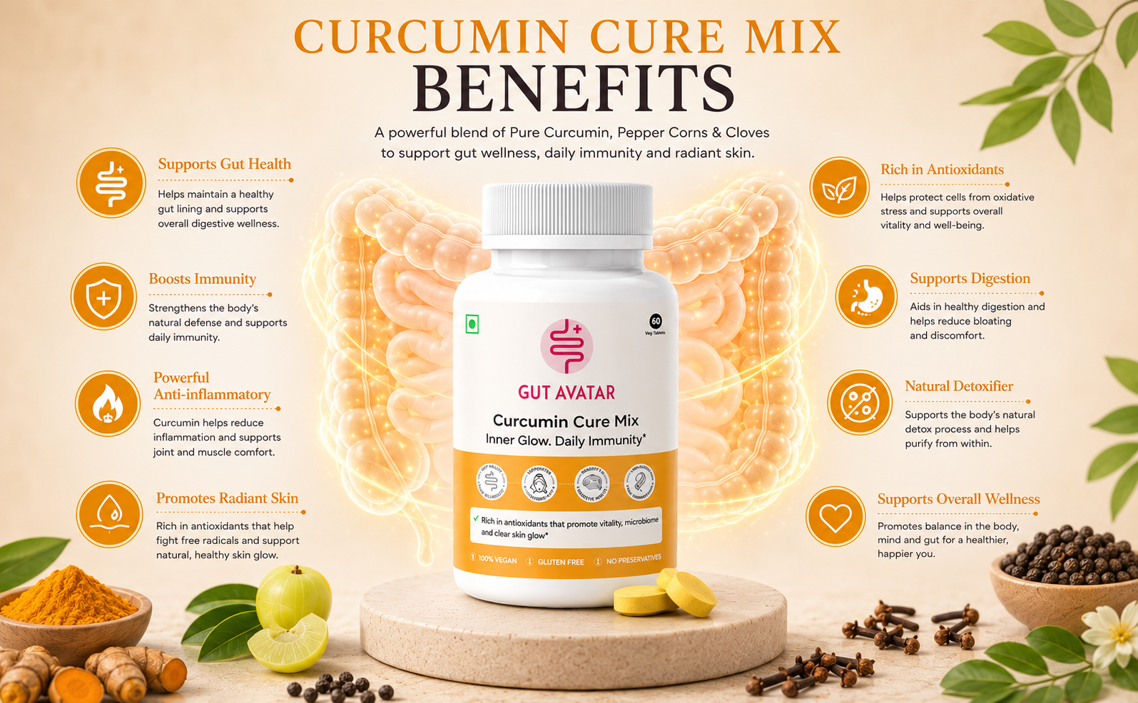 GUTAVATAR Gut Curcumin Cure Mix Healthy Gut Supplement Boost Immunity Powder Anti Inflammatory Strengthens Bones & Muscles Supplement Drink Mix Healthy Skin Drink (60 Powder Tablet Bottle)