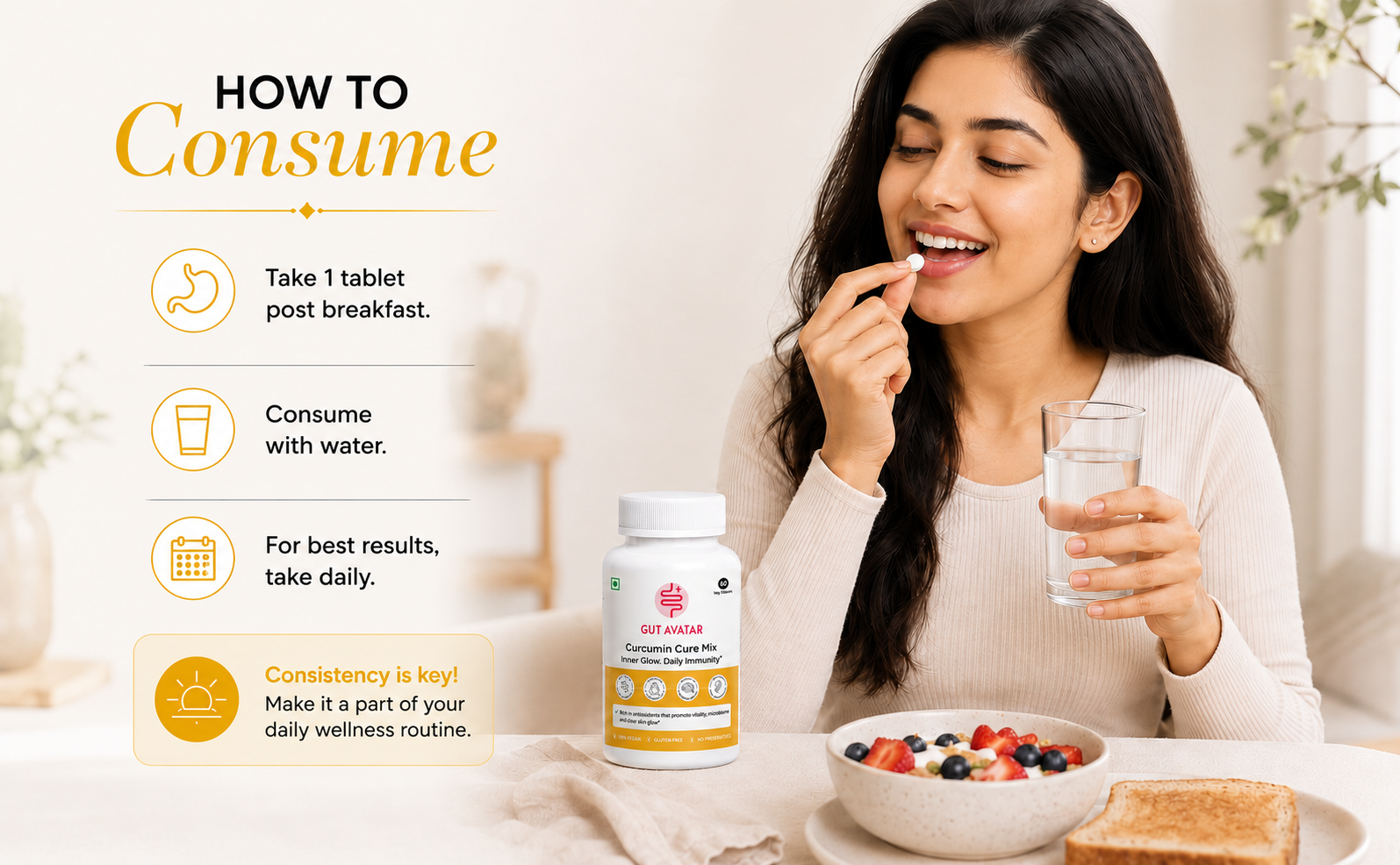GUTAVATAR Gut Curcumin Cure Mix Healthy Gut Supplement Boost Immunity Powder Anti Inflammatory Strengthens Bones & Muscles Supplement Drink Mix Healthy Skin Drink (60 Powder Tablet Bottle)