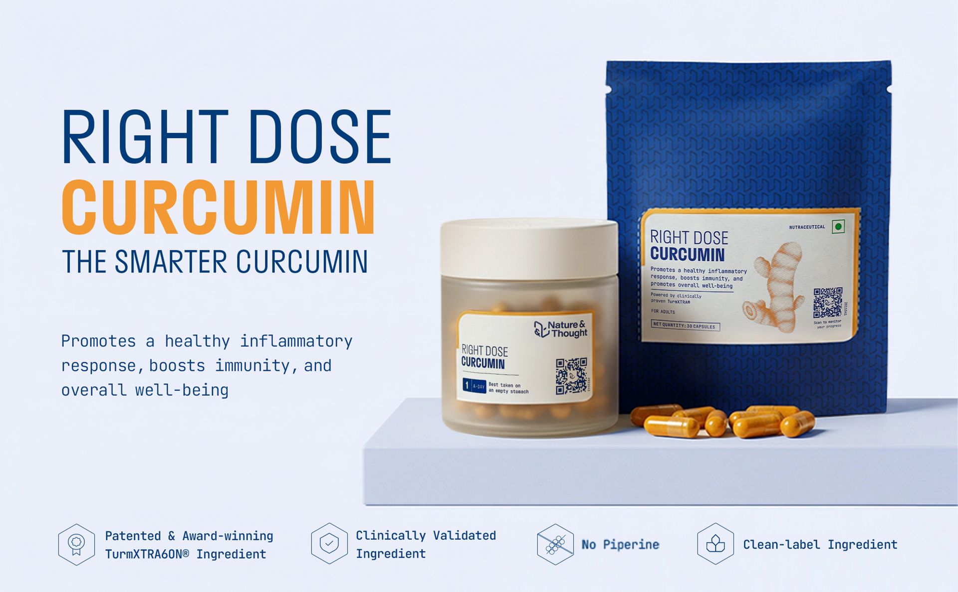 Nature & Thought Right Dose Curcumin with 10X Bioavailability TurmXTRA® w/o Piperine | Immunity, Joint & Muscle, Skin & other benefits | Clinically Validated | 1-A-DAY | 30 Veg Capsules