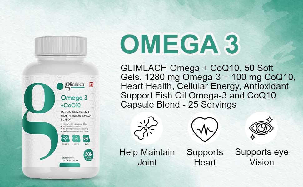 GLIMLACH Omega + CoQ10, 50 Soft Gels, 1280 mg Omega-3 + 100 mg CoQ10, Heart Health, Cellular Energy, Antioxidant Support | Fish Oil Omega-3 and CoQ10 Capsule Blend - 25 Servings