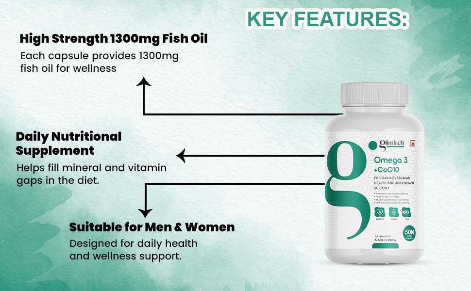GLIMLACH Omega + CoQ10, 50 Soft Gels, 1280 mg Omega-3 + 100 mg CoQ10, Heart Health, Cellular Energy, Antioxidant Support | Fish Oil Omega-3 and CoQ10 Capsule Blend - 25 Servings