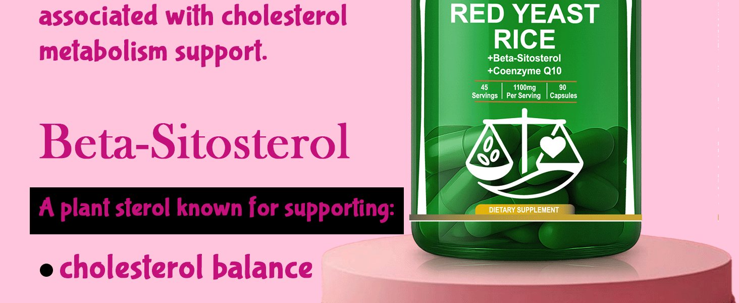Red Yeast Rice 1100mg with Coenzyme Q10 & Beta Sitosterol | Heart Health & Cholesterol Support Supplement | 90 Capsules (45 Servings)