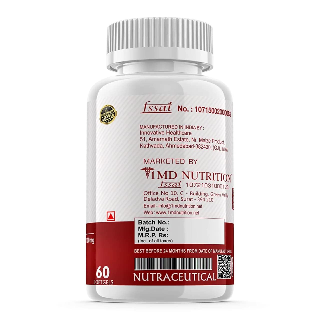 1MD Nutrition Coenzyme Q10 (Co-Q10, Ubiquinol) 100mg - Cardiovascular Health Support - Antioxidant - 60 Tablets