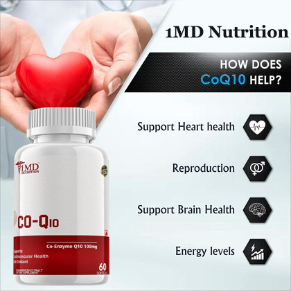 1MD Nutrition Coenzyme Q10 (Co-Q10, Ubiquinol) 100mg - Cardiovascular Health Support - Antioxidant - 60 Tablets