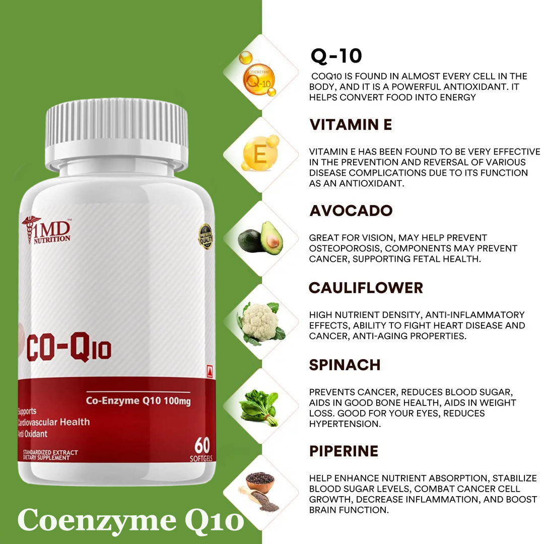 1MD Nutrition Coenzyme Q10 (Co-Q10, Ubiquinol) 100mg - Cardiovascular Health Support - Antioxidant - 60 Tablets